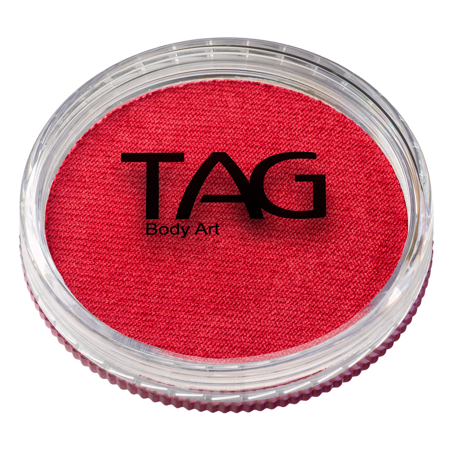 A round container of Infinity Faces Face Paint & Body Paint Aqua Tag - Pearl Red (32g) with a clear lid reveals bright red paint inside, and the Infinity Faces logo is printed on the lid.