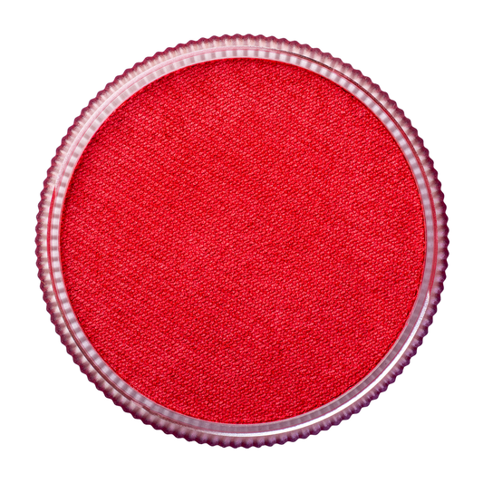 A close-up of Infinity Faces Face Paint & Body Paint Aqua Tag in Pearl Red (32g), a round pan with a textured surface and silver ridged rim, viewed from above on a white background.