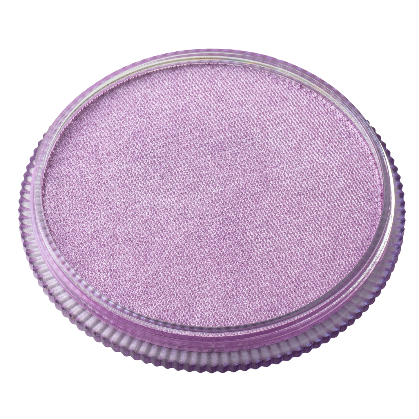 A round container of Infinity Faces Face Paint & Body Paint Aqua Tag in Pearl Lilac (32g) features light purple makeup and a transparent, ridged plastic lid.