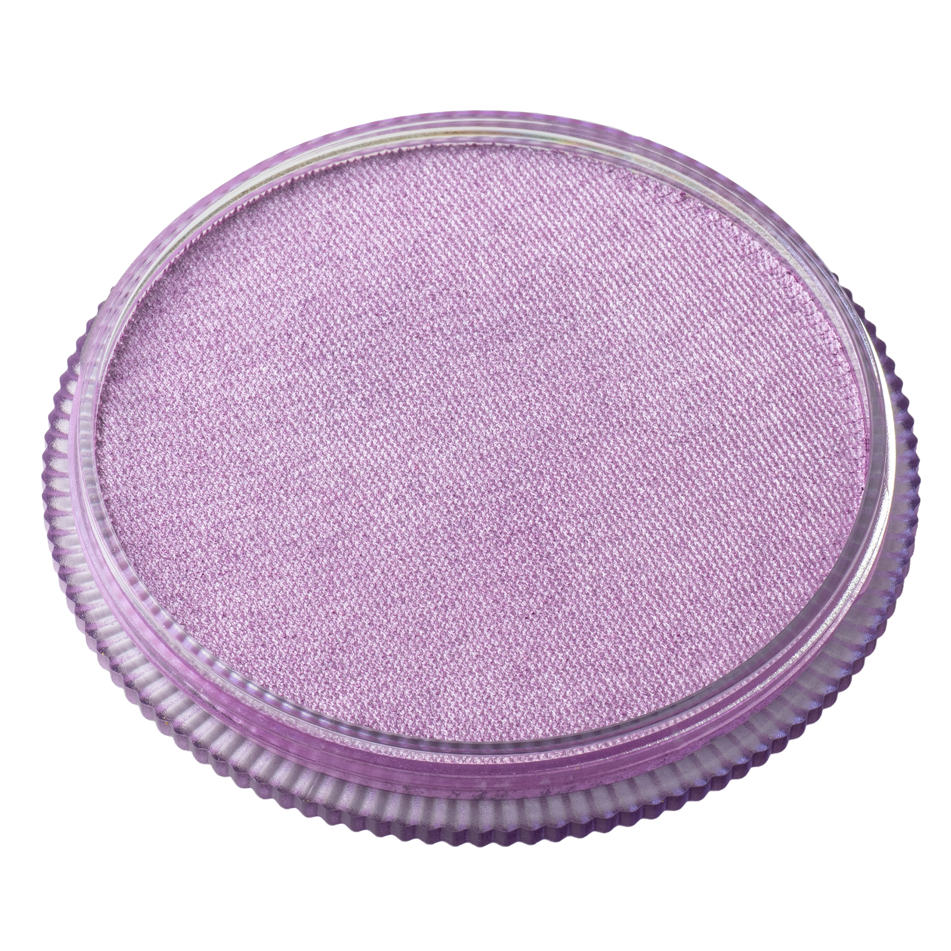 A round container of Infinity Faces Face Paint & Body Paint Aqua Tag in Pearl Lilac (32g) features light purple makeup and a transparent, ridged plastic lid.