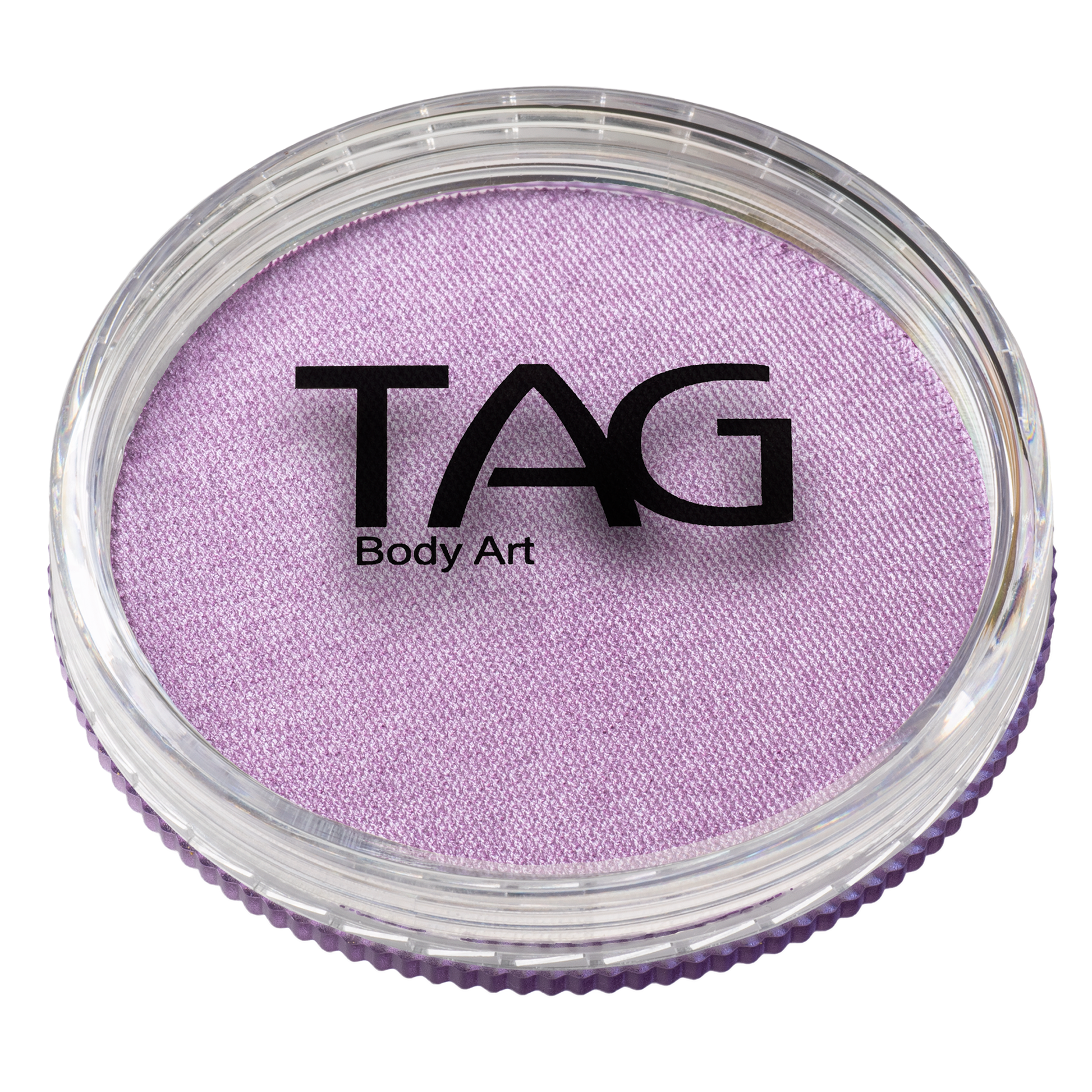 A round 32g container of Infinity Faces Face Paint & Body Paint Aqua Tag in Pearl Lilac, featuring a clear lid that displays the pastel shade and the brand logo printed in black on top.