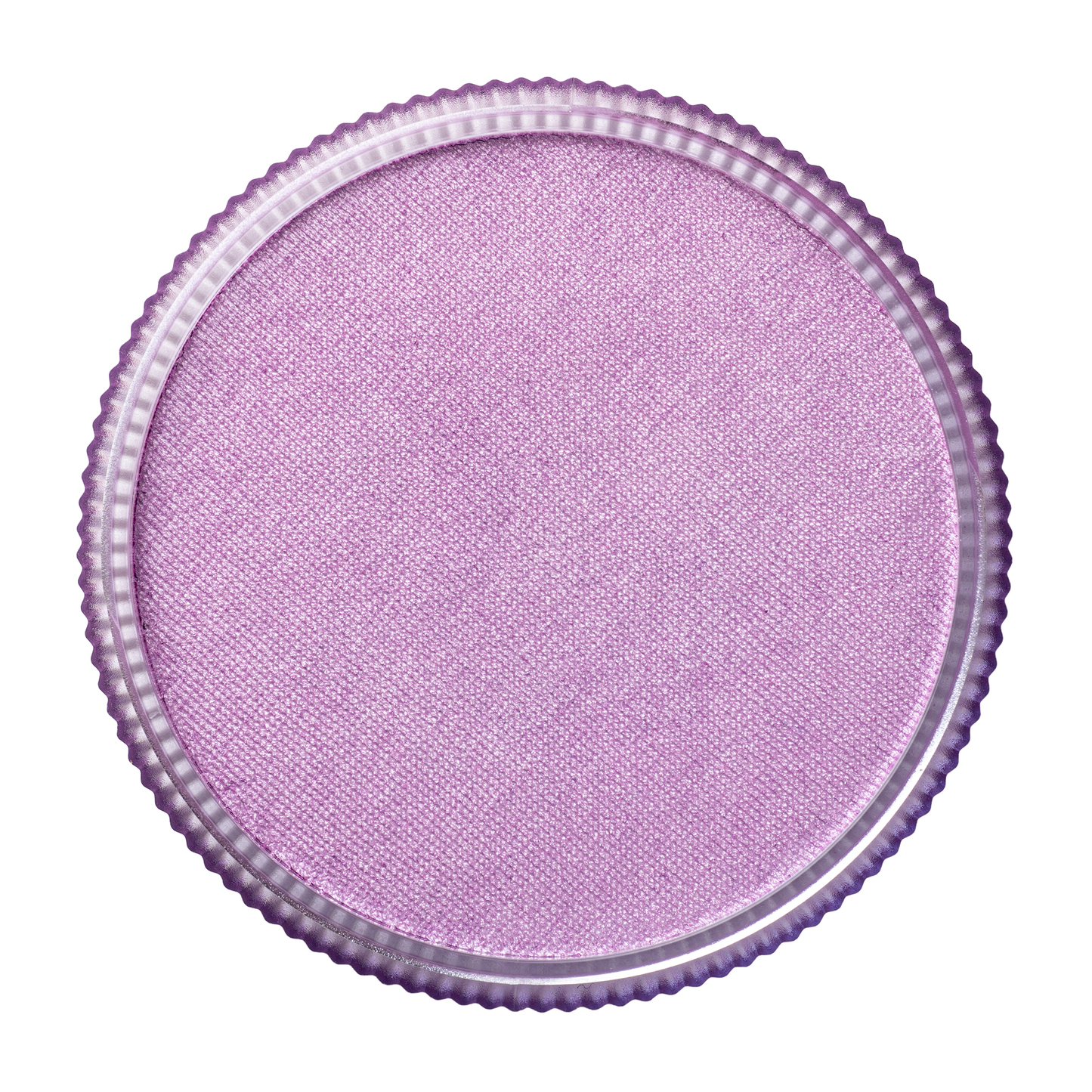 A close-up of Infinity Faces Face Paint & Body Paint Aqua Tag - Pearl Lilac (32g), showing its round, textured light purple pan with a ridged metallic edge, viewed from above on a white background.