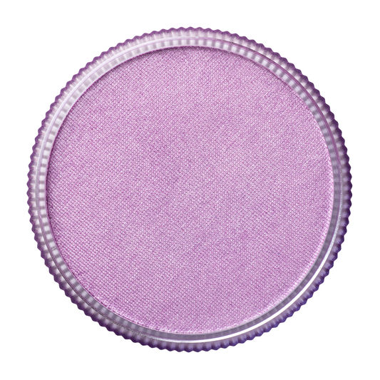 A close-up of Infinity Faces Face Paint & Body Paint Aqua Tag - Pearl Lilac (32g), showing its round, textured light purple pan with a ridged metallic edge, viewed from above on a white background.