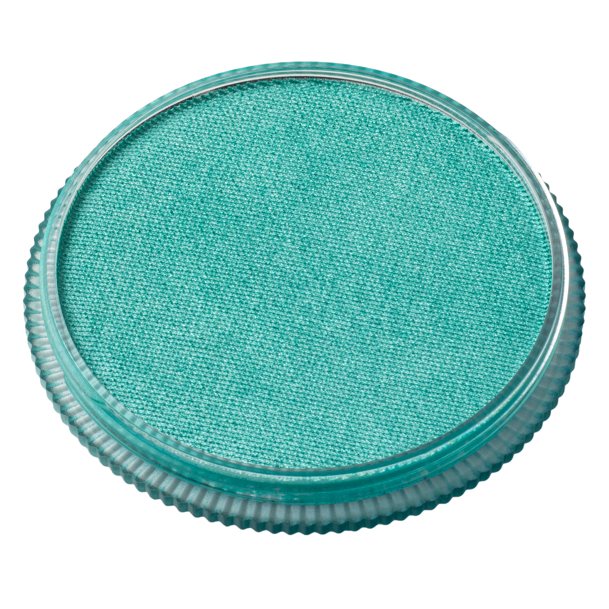 A round container of Infinity Faces Face Paint & Body Paint Aqua Tag in Pearl Teal (32g) features bright turquoise blue powder with a textured surface and a clear, ridged plastic lid.