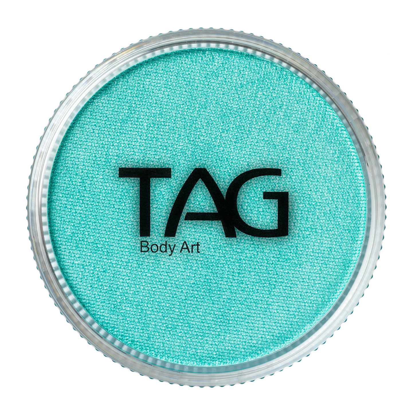 A round 32g container of Infinity Faces Face Paint & Body Paint Aqua Tag in Pearl Teal, featuring a clear lid with the black TAG Body Art logo.