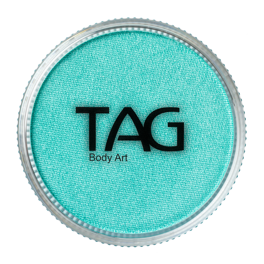 A round 32g container of Infinity Faces Face Paint & Body Paint Aqua Tag in Pearl Teal, featuring a clear lid with the black TAG Body Art logo.