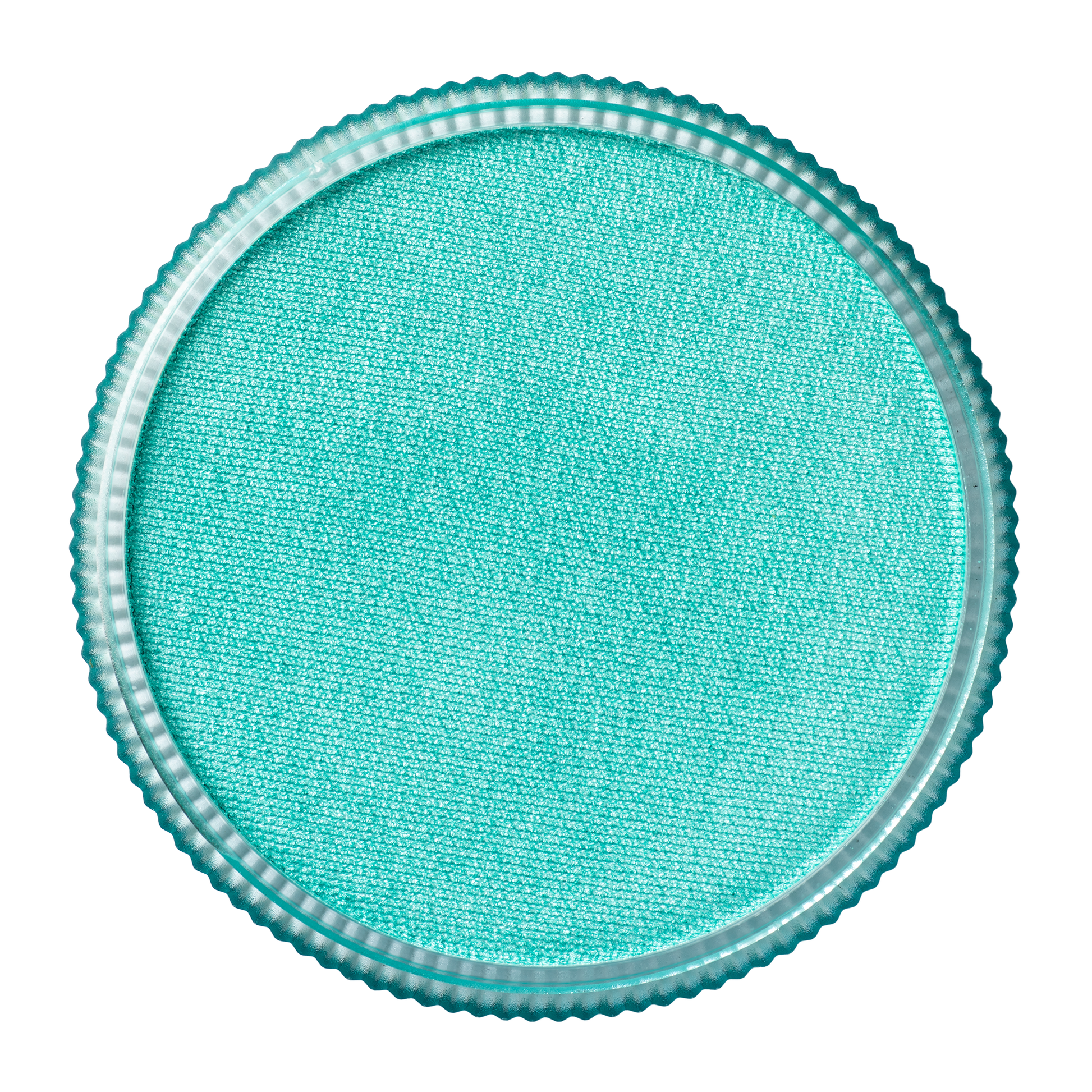 An overhead view of Infinity Faces Face Paint & Body Paint Aqua Tag in Pearl Teal (32g): a round, teal pan with a textured surface and ridged metallic edge, displayed on a white background.