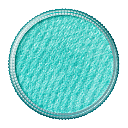 An overhead view of Infinity Faces Face Paint & Body Paint Aqua Tag in Pearl Teal (32g): a round, teal pan with a textured surface and ridged metallic edge, displayed on a white background.