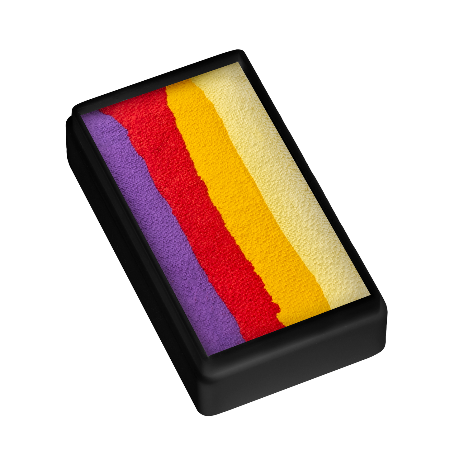The Infinityfaces Face Paint & Body Paint Aqua - Pansy One Stroke (30g) features four horizontal stripes in purple, red, yellow, and light yellow shades set in a rectangular black tray.