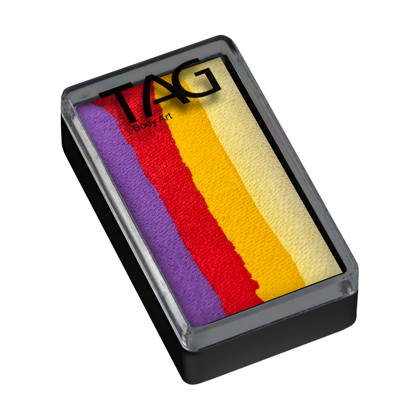 A rectangular 30g Infinityfaces Face Paint & Body Paint Aqua - Pansy One Stroke features four horizontal stripes in purple, red, yellow, and orange. It comes in a clear-lidded case displaying the brand name.