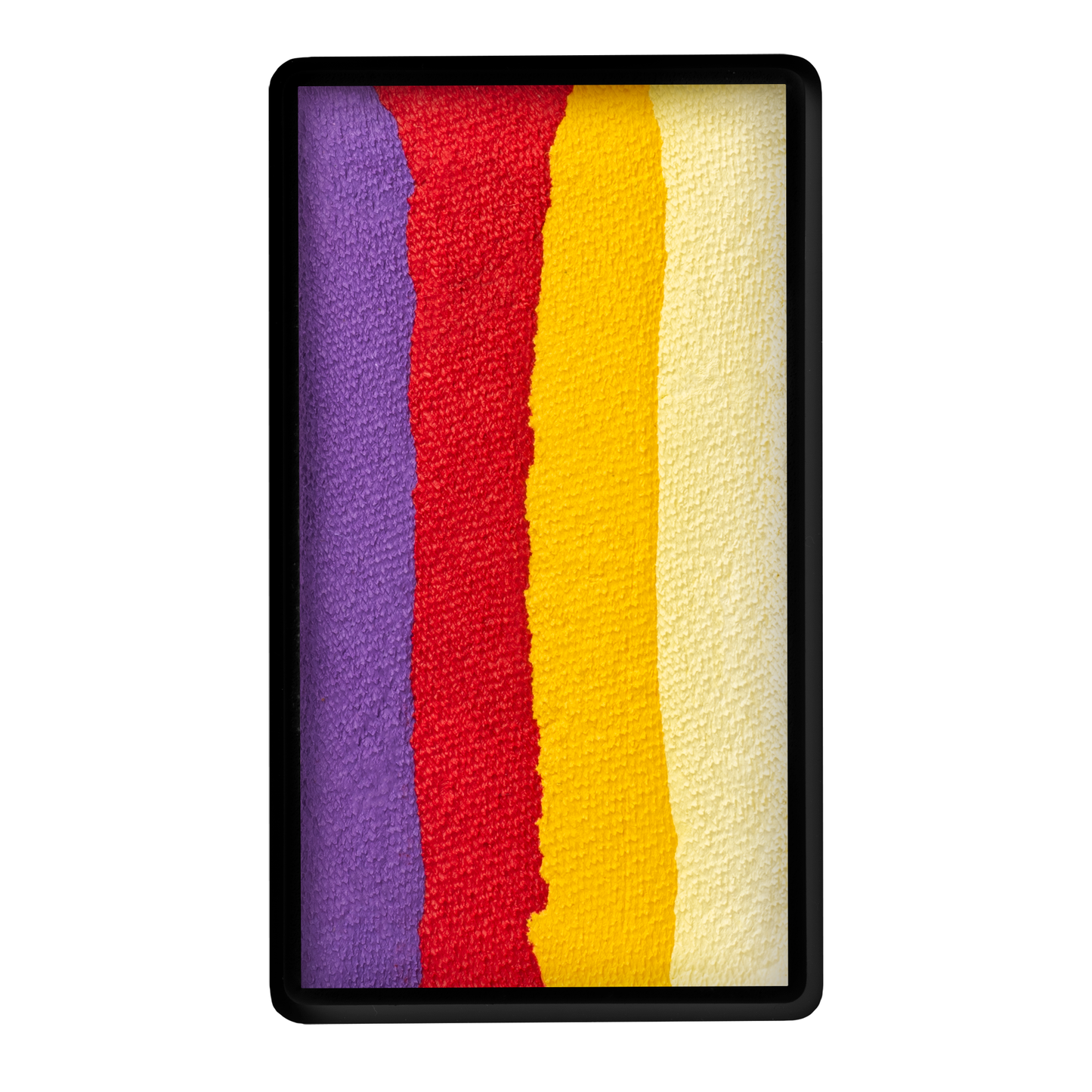 Infinityfaces Face Paint & Body Paint Aqua - Pansy One Stroke (30g) features four bold vertical stripes—purple, red, orange, and yellow—side by side on a textured background.