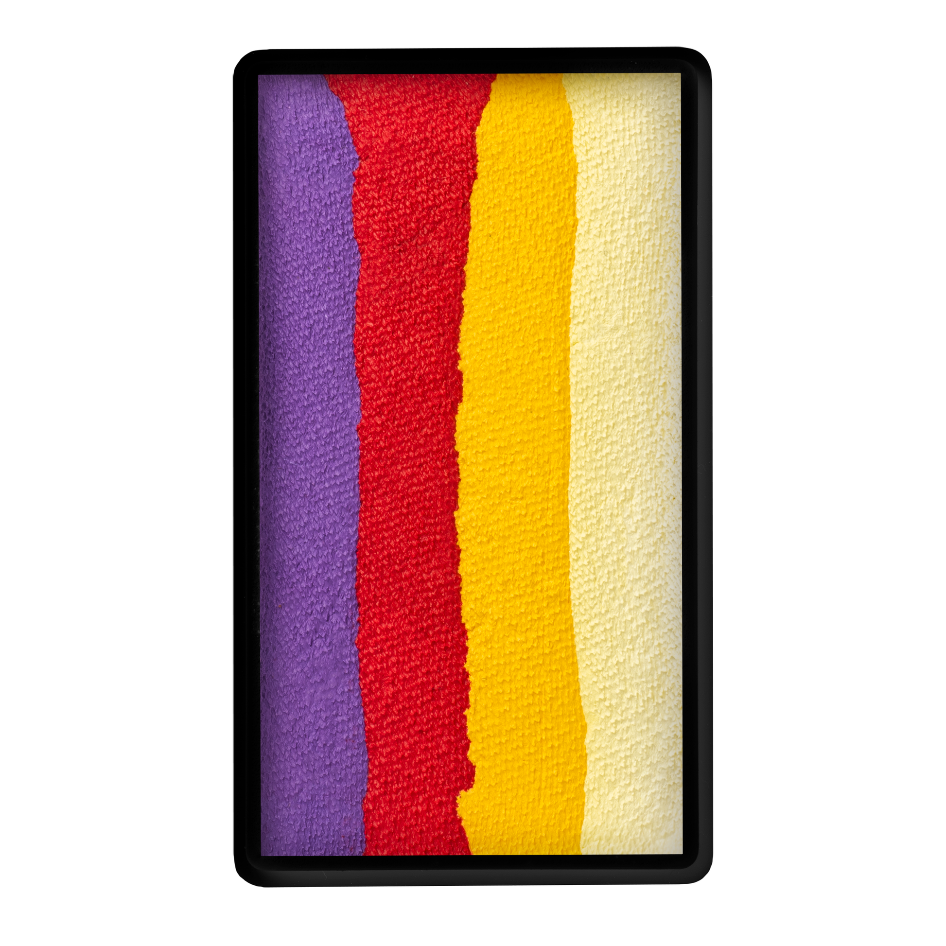 Infinityfaces Face Paint & Body Paint Aqua - Pansy One Stroke (30g) features four bold vertical stripes—purple, red, orange, and yellow—side by side on a textured background.