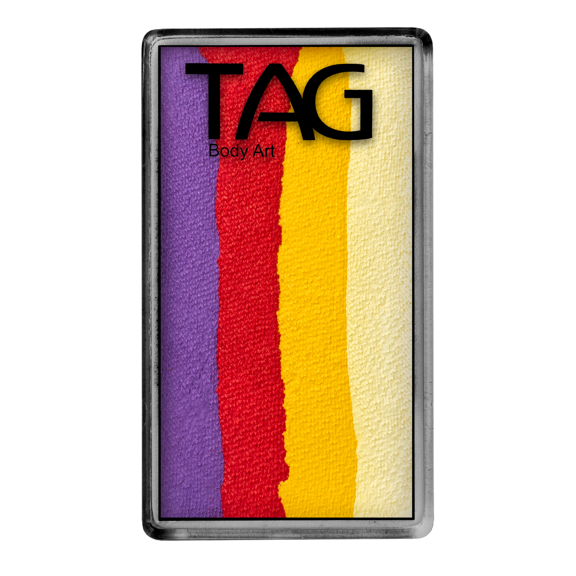 Infinityfaces Face Paint & Body Paint Aqua - Pansy One Stroke (30g) by Tag features five vertical stripes—purple, red, orange, yellow, and white—in a rectangular palette with a black rim and white background.