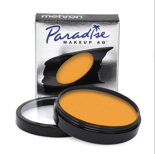 Infinityfaces Face Paint & Body Paint Aqua Paradise Make Up AQ - Mango (40gr) in a black round container with yellow pigment is open beside its reflective packaging, which displays a silhouette design and the product name.