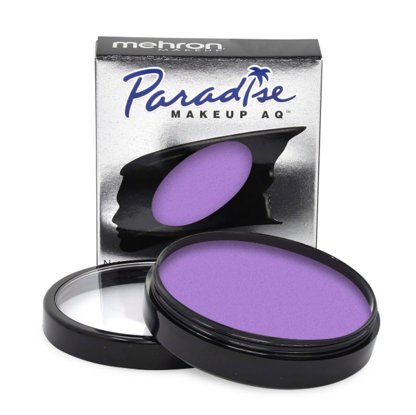 An open 40gr round container of Infinityfaces Aqua Paradise Face & Body Paint in purple is displayed before its packaging, which showcases a silhouette design and the brand name with a palm tree graphic.