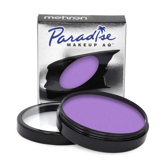 An open 40gr round container of Infinityfaces Aqua Paradise Face & Body Paint in purple is displayed before its packaging, which showcases a silhouette design and the brand name with a palm tree graphic.
