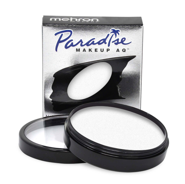 An open round container of Infinityfaces Face Paint & Body Paint Aqua Paradise Make Up AQ Mehron in white (40gr) reveals the product, with its packaging box behind displaying the product name in blue and a face silhouette.