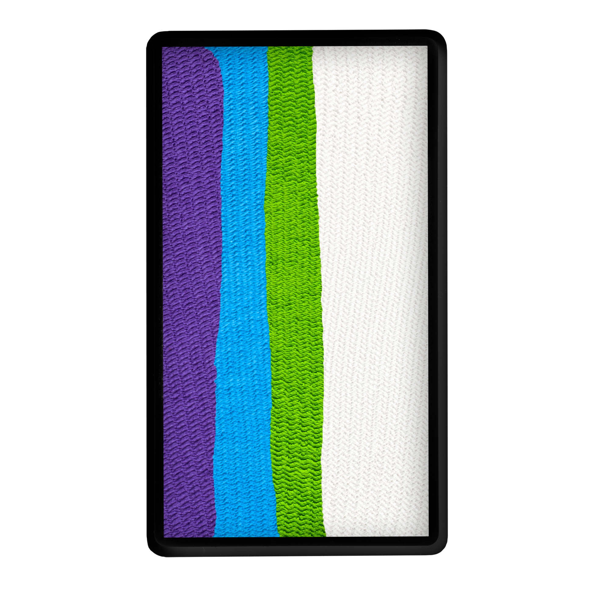 A smartphone screen shows vertical pastel stripes—purple, blue, green, and white—resembling fabric, echoing the look of Infinityfaces Face Paint & Body Paint Aqua - Pastel Prism One Stroke - Tag (30g), framed by a black border.
