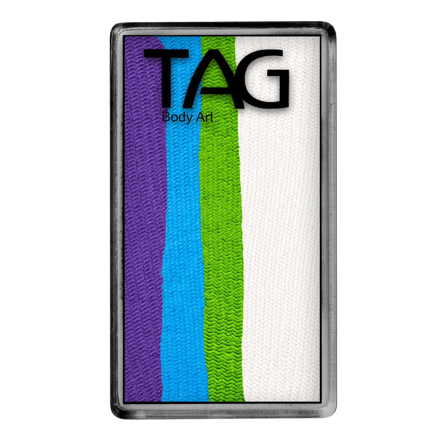The Infinityfaces Face Paint & Body Paint Aqua - Pastel Prism One Stroke (30g) features vertical stripes of purple, blue, green, and white in a rectangular cake with the TAG Body Art logo on its transparent lid.