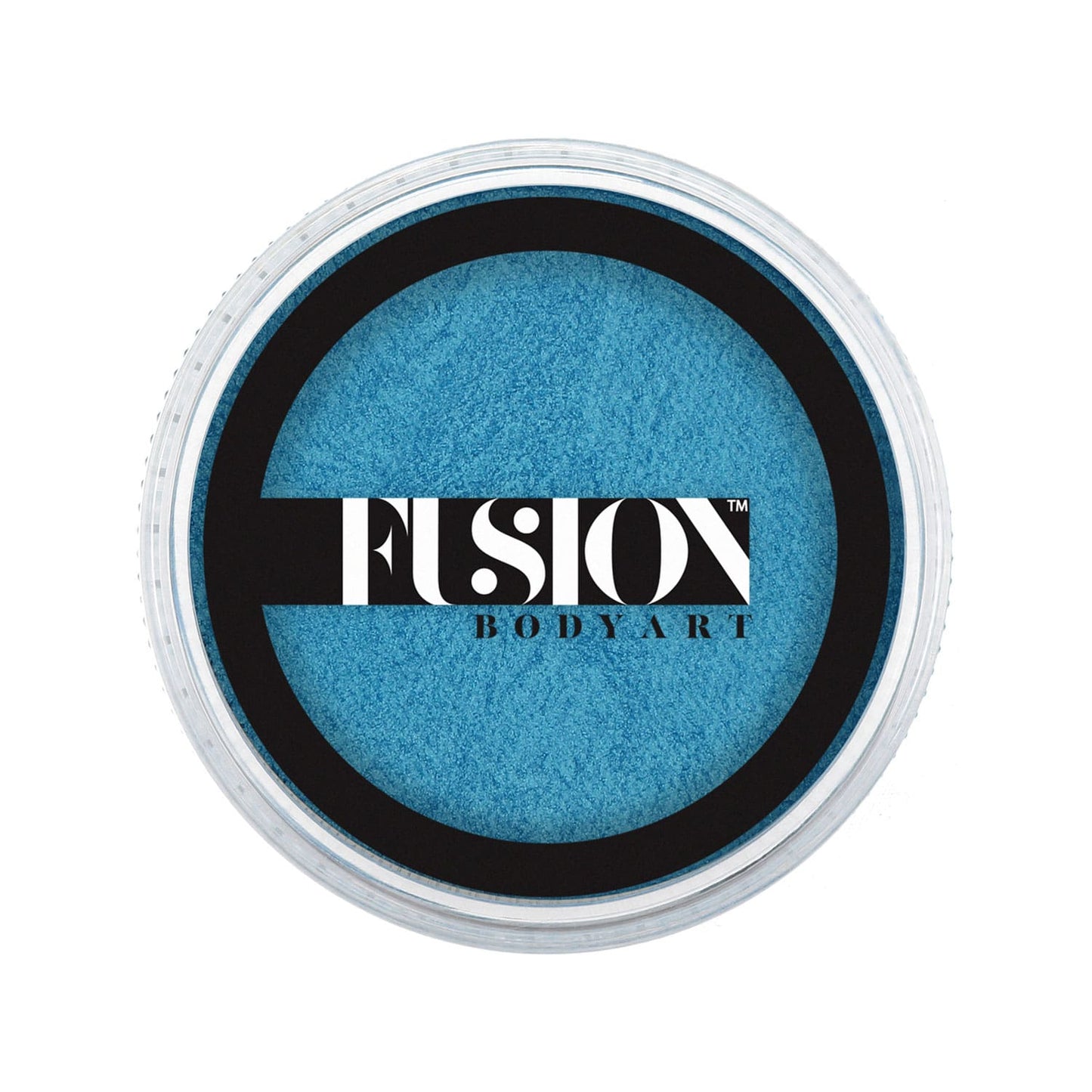A round container of blue body paint with a clear lid features the label Infinity Faces in bold black and white letters across the top. It is Pearl Winter Blue from Face Paint & Body Paint aqua Fusion, weighing 25g.