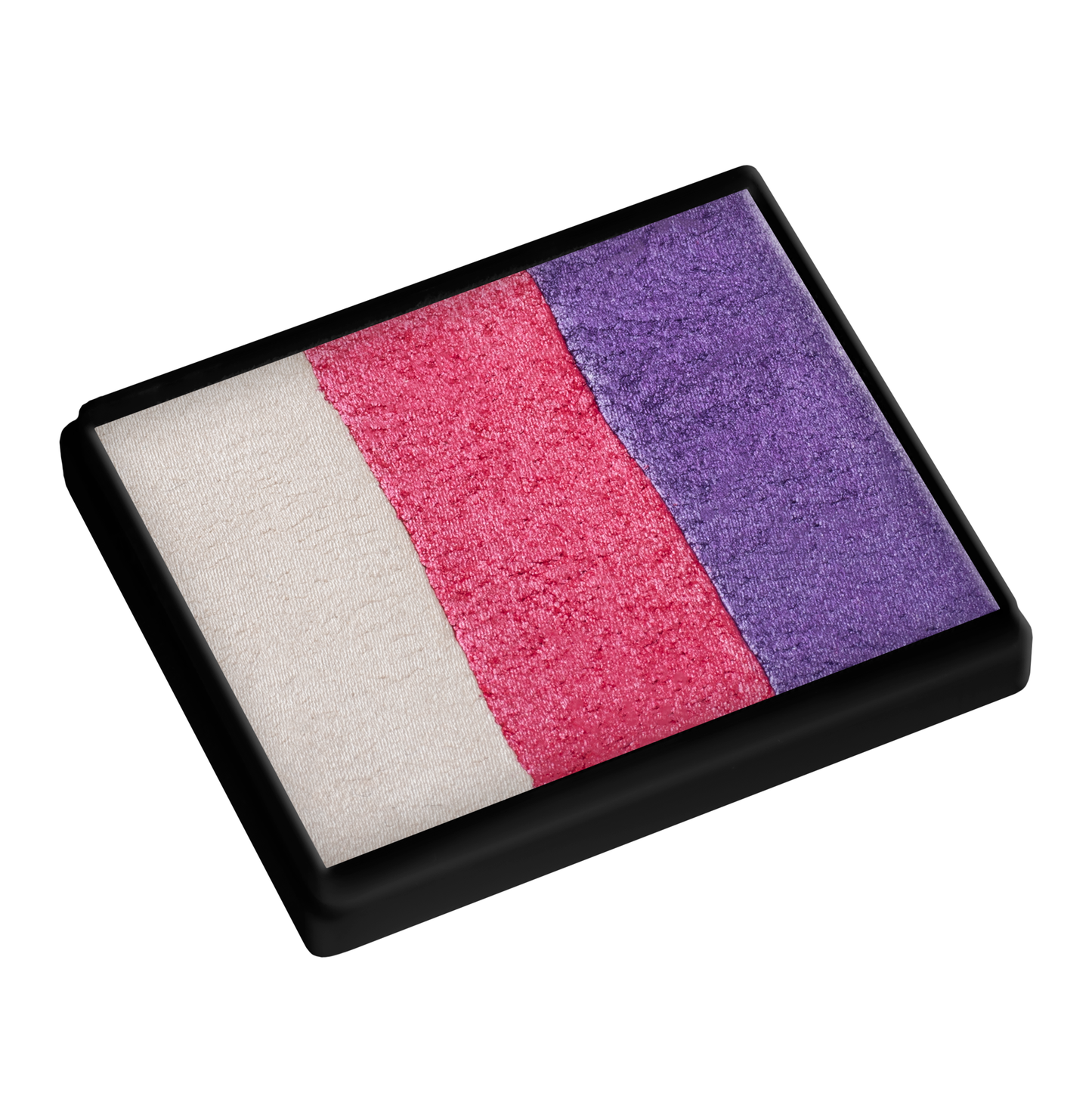 Infinityfaces Face Paint & Body Paint Aqua - Pearl Dream Base Blender Split Cake (50g) features three shimmery powder shades—white, pink, and purple—in vertical stripes in a black tray, perfect for highlighting and adding radiant luminosity.