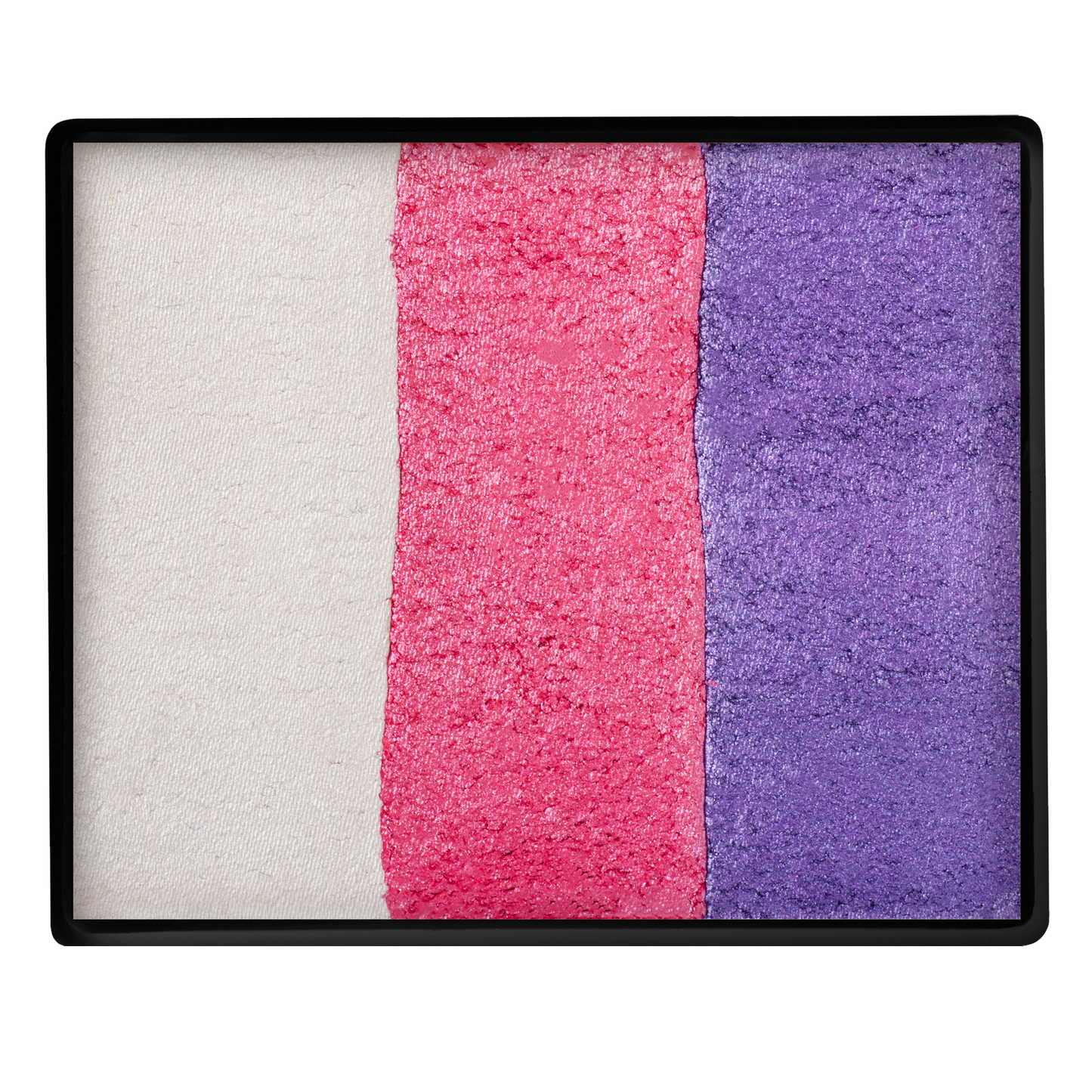 The Infinityfaces Face Paint & Body Paint Aqua - Pearl Dream Base Blender Split Cake (50g) features three vertical stripes of cream, pink, and purple powders in a sleek black rectangular palette—ideal for versatile highlighting and contouring.