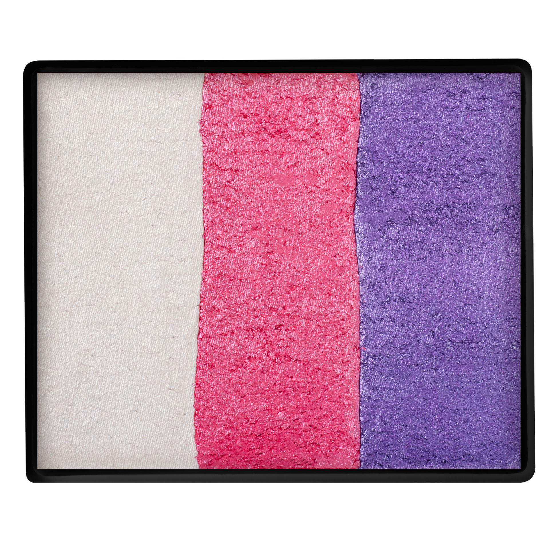 The Infinityfaces Face Paint & Body Paint Aqua - Pearl Dream Base Blender Split Cake (50g) features three vertical stripes of cream, pink, and purple powders in a sleek black rectangular palette—ideal for versatile highlighting and contouring.