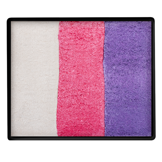 The Infinityfaces Face Paint & Body Paint Aqua - Pearl Dream Base Blender Split Cake (50g) features three vertical stripes of cream, pink, and purple powders in a sleek black rectangular palette—ideal for versatile highlighting and contouring.