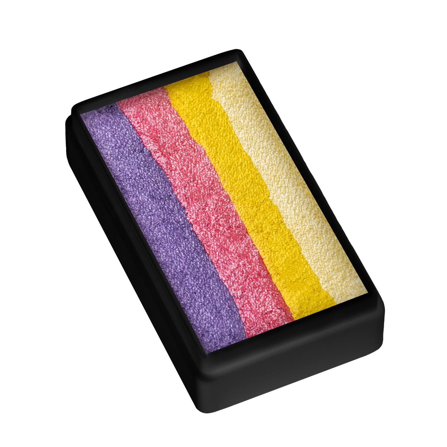 Infinityfaces Face Paint & Body Paint Aqua - Petal One Stroke (30g) features a rectangular black case with four horizontal pressed powder stripes in purple, pink, white, and yellow.