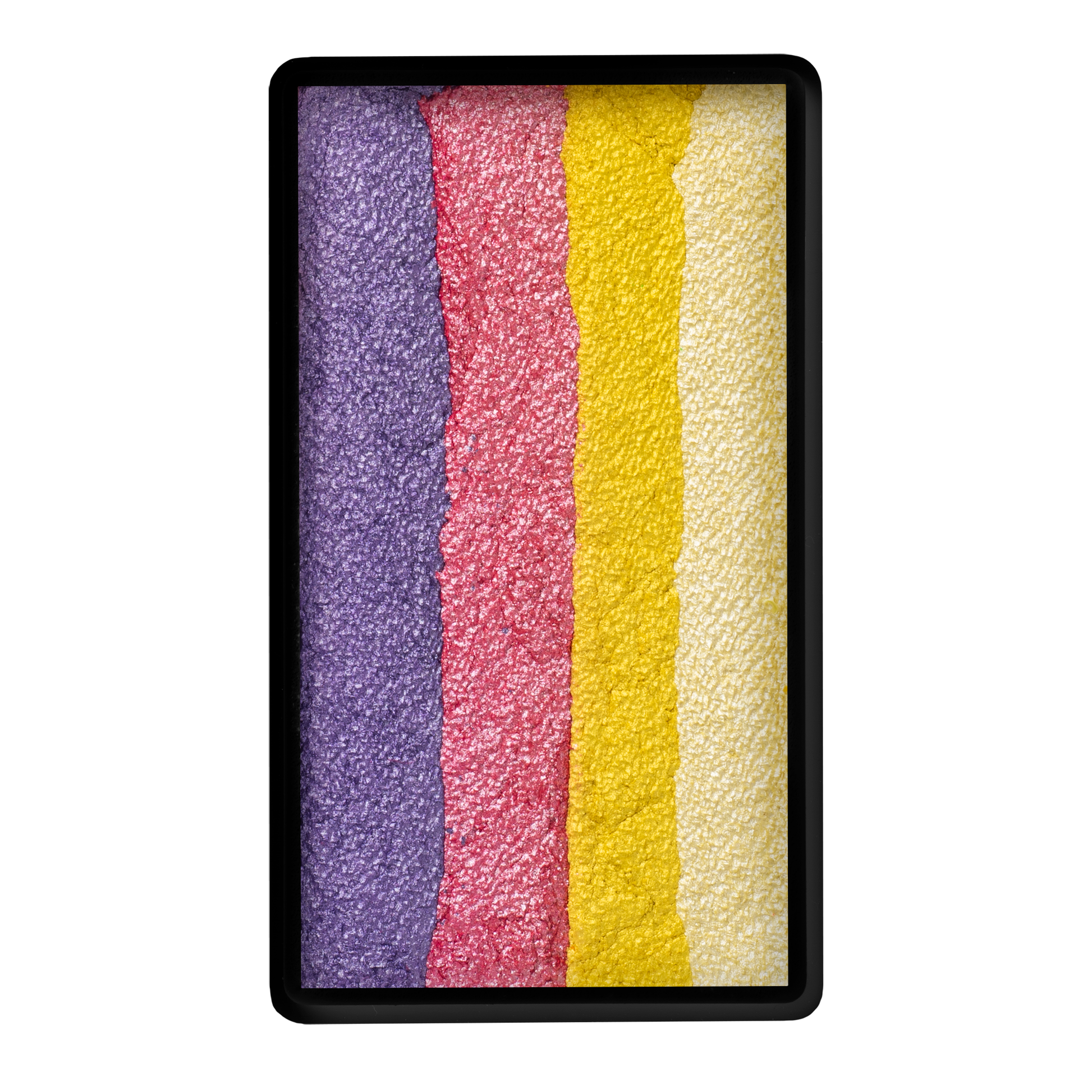The Infinityfaces Face Paint & Body Paint Aqua - Petal One Stroke (30g) features four textured powder strips in purple, pink, yellow, and cream arranged vertically from left to right inside a rectangular black palette.
