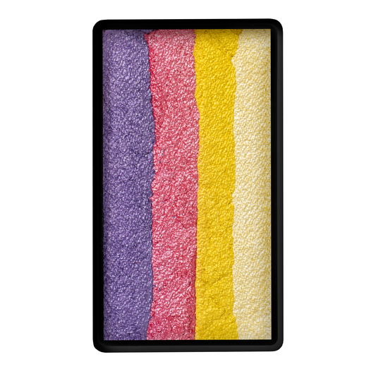 The Infinityfaces Face Paint & Body Paint Aqua - Petal One Stroke (30g) features four textured powder strips in purple, pink, yellow, and cream arranged vertically from left to right inside a rectangular black palette.