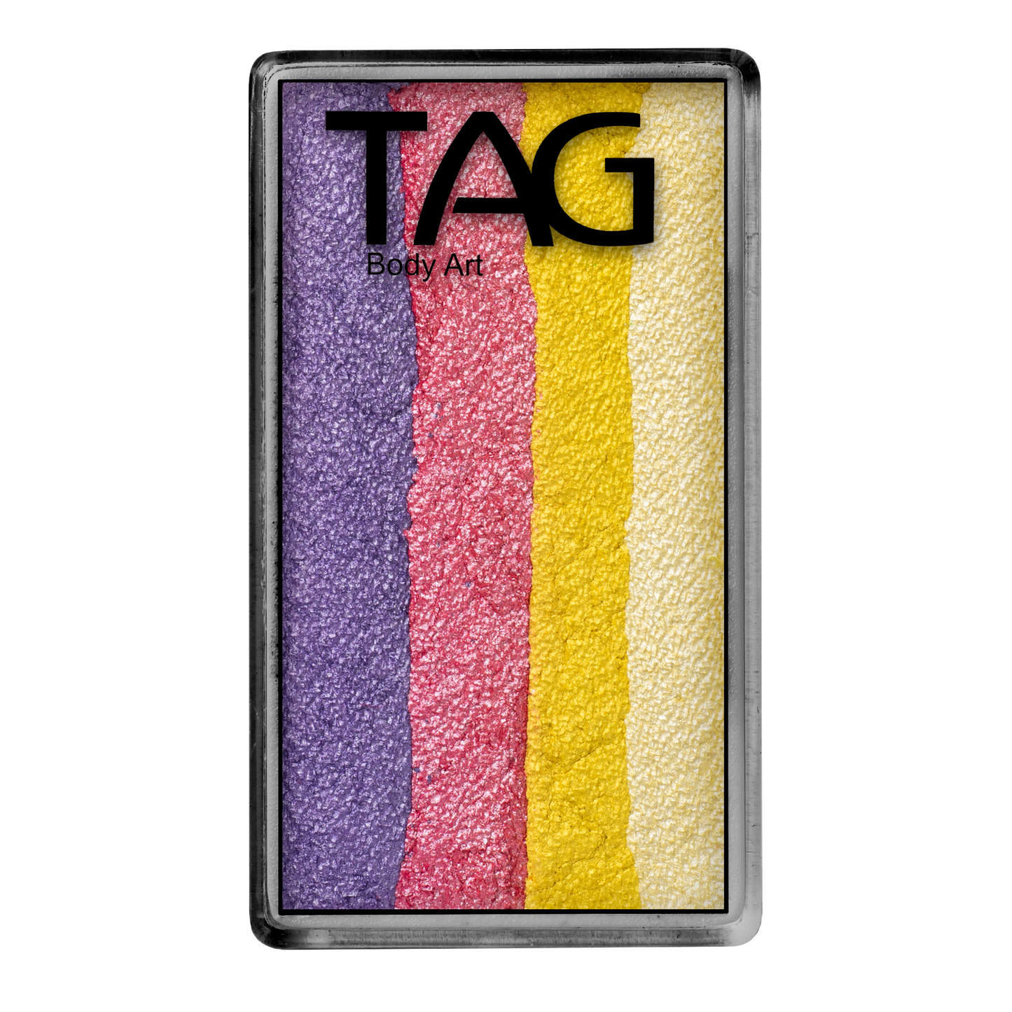 The Infinityfaces Face Paint & Body Paint Aqua - Petal One Stroke by Tag (30g) features five vertical stripes of body paint in purple, pink, yellow, white, and beige in a rectangular palette.
