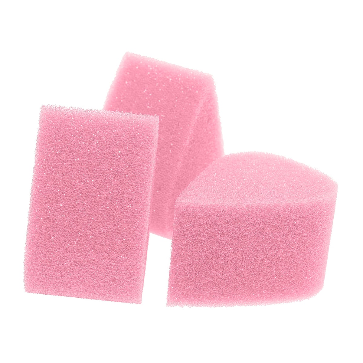 The Sponges Fusion - Petal Sponge 3pk by Infinity Faces includes three pink makeup sponges in distinct shapes—a rectangular prism, a triangular prism, and a wedge—shown against a white backdrop. Available at an introductory price, their porous texture ensures precise application.