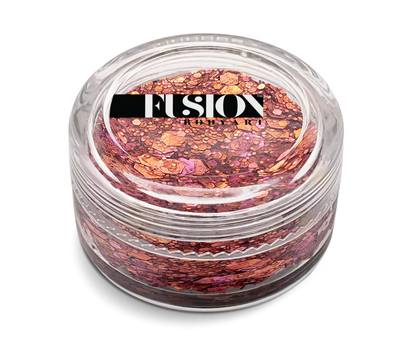 A clear plastic jar of Infinity Faces Glitter Cream Fusion - Pink Crush (10g), filled with chunky metallic rose gold glitter, labeled FUSION in bold black and white on the lid, set against a white background.