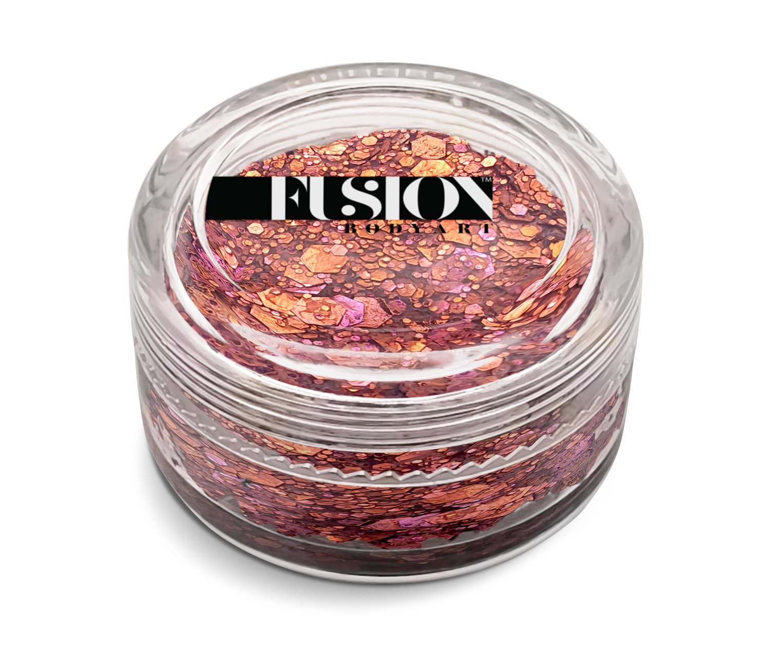 A clear plastic jar of Infinity Faces Glitter Cream Fusion - Pink Crush (10g), filled with chunky metallic rose gold glitter, labeled FUSION in bold black and white on the lid, set against a white background.
