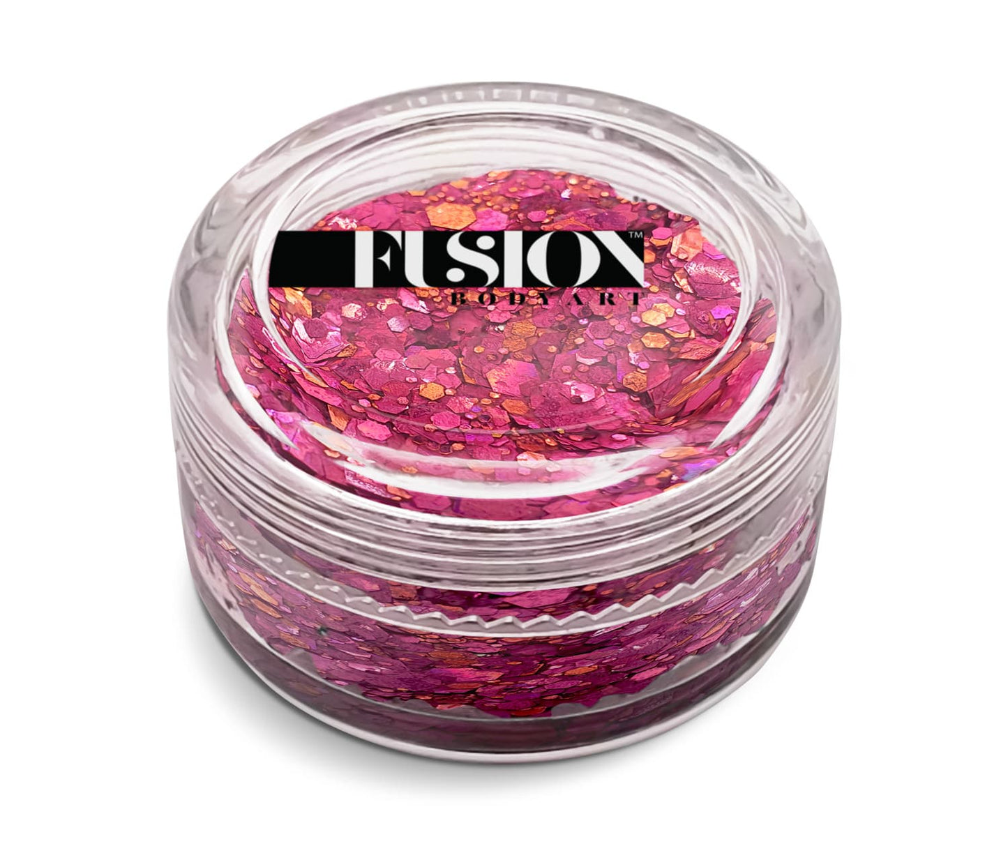 A clear plastic jar of Glitter Cream Fusion - Pink Roses (10g) by Infinity Faces, filled with chunky iridescent pink and gold flakes. The jar features a black Fusion Body Art label on the lid against a white background.