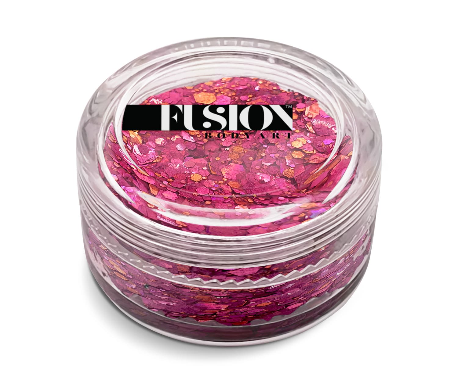 A clear plastic jar of Glitter Cream Fusion - Pink Roses (10g) by Infinity Faces, filled with chunky iridescent pink and gold flakes. The jar features a black Fusion Body Art label on the lid against a white background.