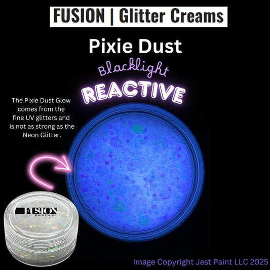 A promotional image for Infinity Faces Glitter Cream Fusion - Pixie Dust UV (10g) shows the container and a close-up of blue, glowing glitter under blacklight, noting its UV-reactive but less intense than neon glitter.