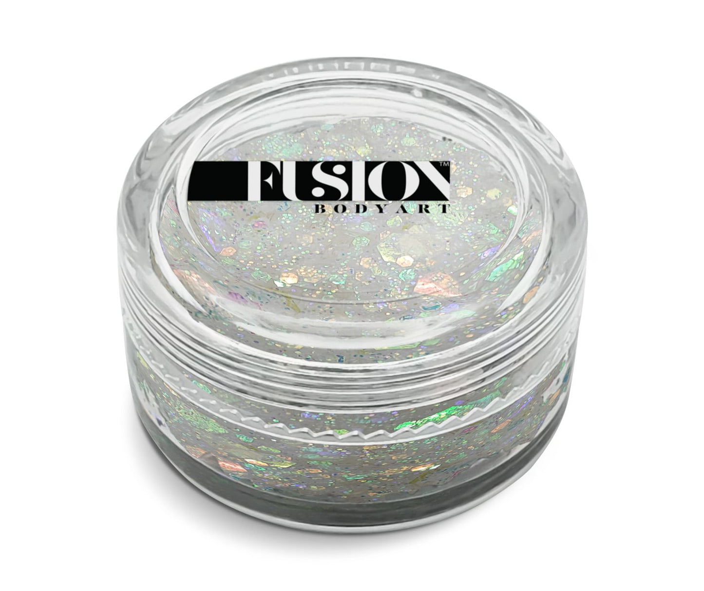 A clear jar labeled Infinity Faces, filled with Glitter Cream Fusion - Pixie Dust UV (10g), features iridescent, glittery gel with holographic flakes.