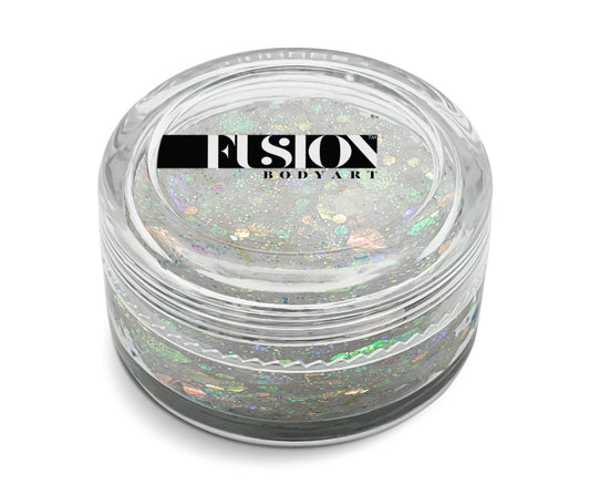 A clear jar labeled Infinity Faces, filled with Glitter Cream Fusion - Pixie Dust UV (10g), features iridescent, glittery gel with holographic flakes.