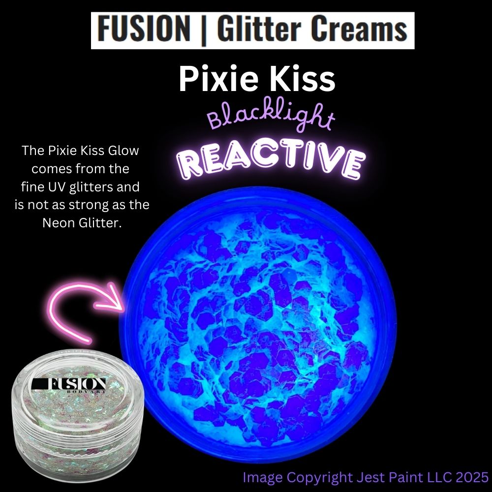 Infinity Faces Glitter Cream Fusion - Pixie Kiss UV (10g) is shown. A large swatch glows blue under blacklight with the text Blacklight Reactive. Small print notes the glow is softer than Neon Glitter.
