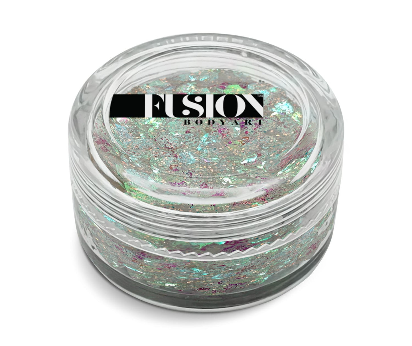 A small clear jar labeled “Infinity Faces” holds 10g of Glitter Cream Fusion - Pixie Kiss UV, featuring iridescent chunky glitter flakes in silver, green, and pink.