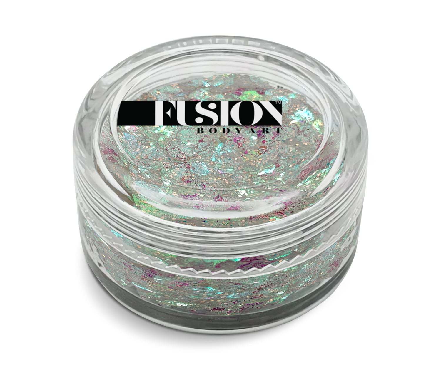 A small clear jar labeled “Infinity Faces” holds 10g of Glitter Cream Fusion - Pixie Kiss UV, featuring iridescent chunky glitter flakes in silver, green, and pink.
