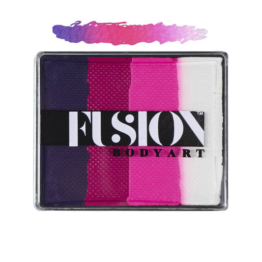 The Infinityfaces Face Paint & Body Paint Aqua - Power Princess Rainbow Split Cake (50g) by Fusion features purple, magenta, pink, and white vertical stripes—plus a vibrant multicolor swatch—ideal for dazzling face painting designs.