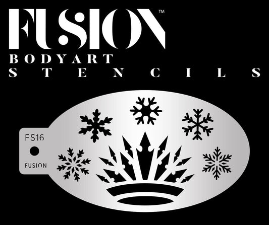 The Princess Snow Queen Fusion Stencil Body Art by Infinity Faces features snowflakes and a stylized crown on a metallic oval stencil labeled FS16, with a black background and white/silver accents.