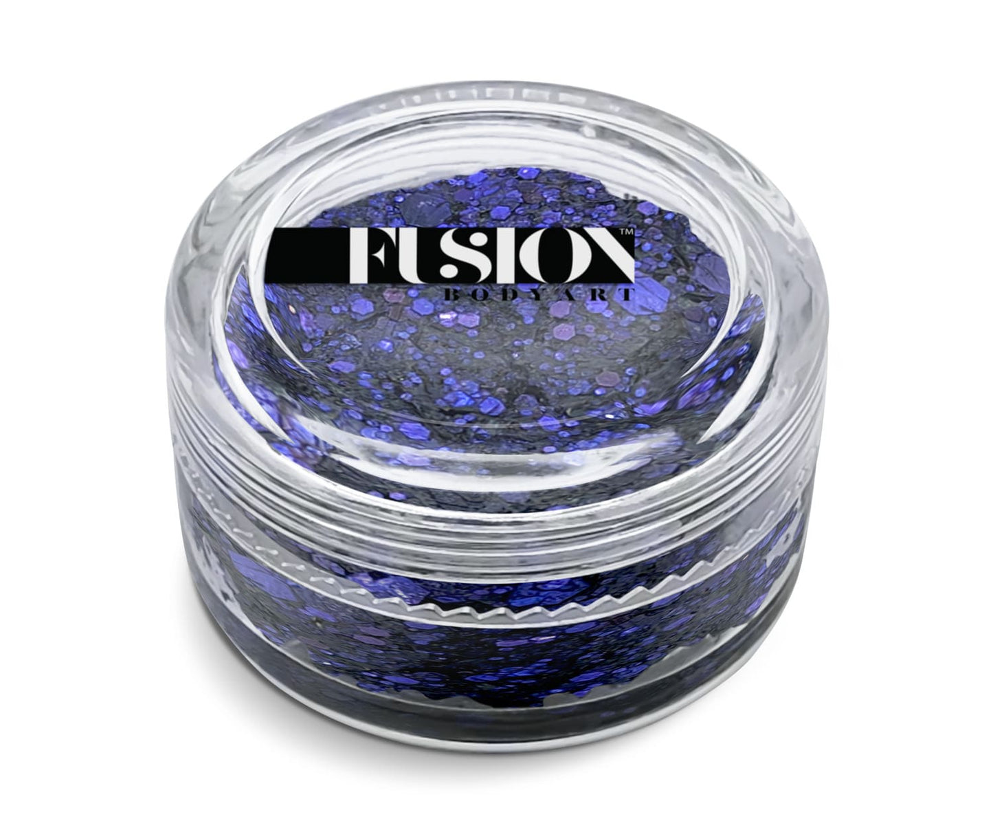 A clear round jar labeled Infinity Faces holds 10g of Glitter Cream Fusion - Purple Night, packed with chunky, sparkling purple and blue glitter.