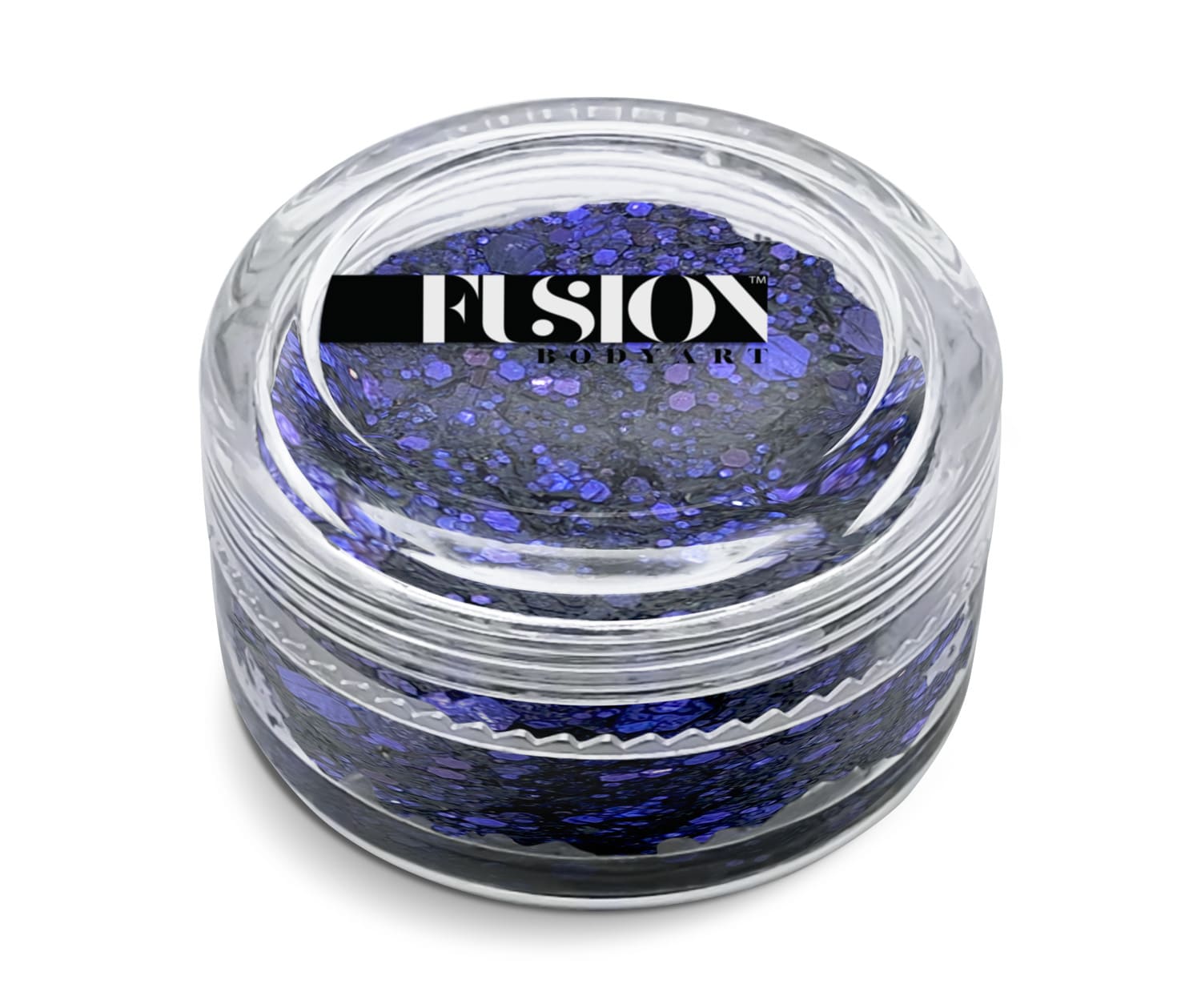 A clear round jar labeled Infinity Faces holds 10g of Glitter Cream Fusion - Purple Night, packed with chunky, sparkling purple and blue glitter.