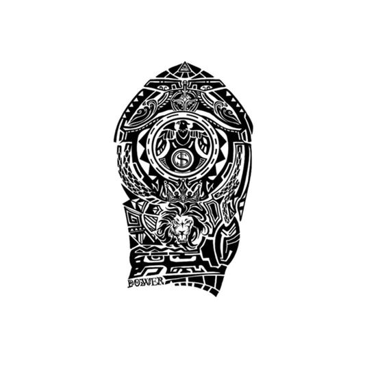The Temporary Herbal Tattoo by Infinityfaces features a black and white tribal design with intricate patterns and a central motif resembling a stylized face. The word POWER is displayed below, offering a natural and expressive body art option for those seeking symmetry in their adornment.