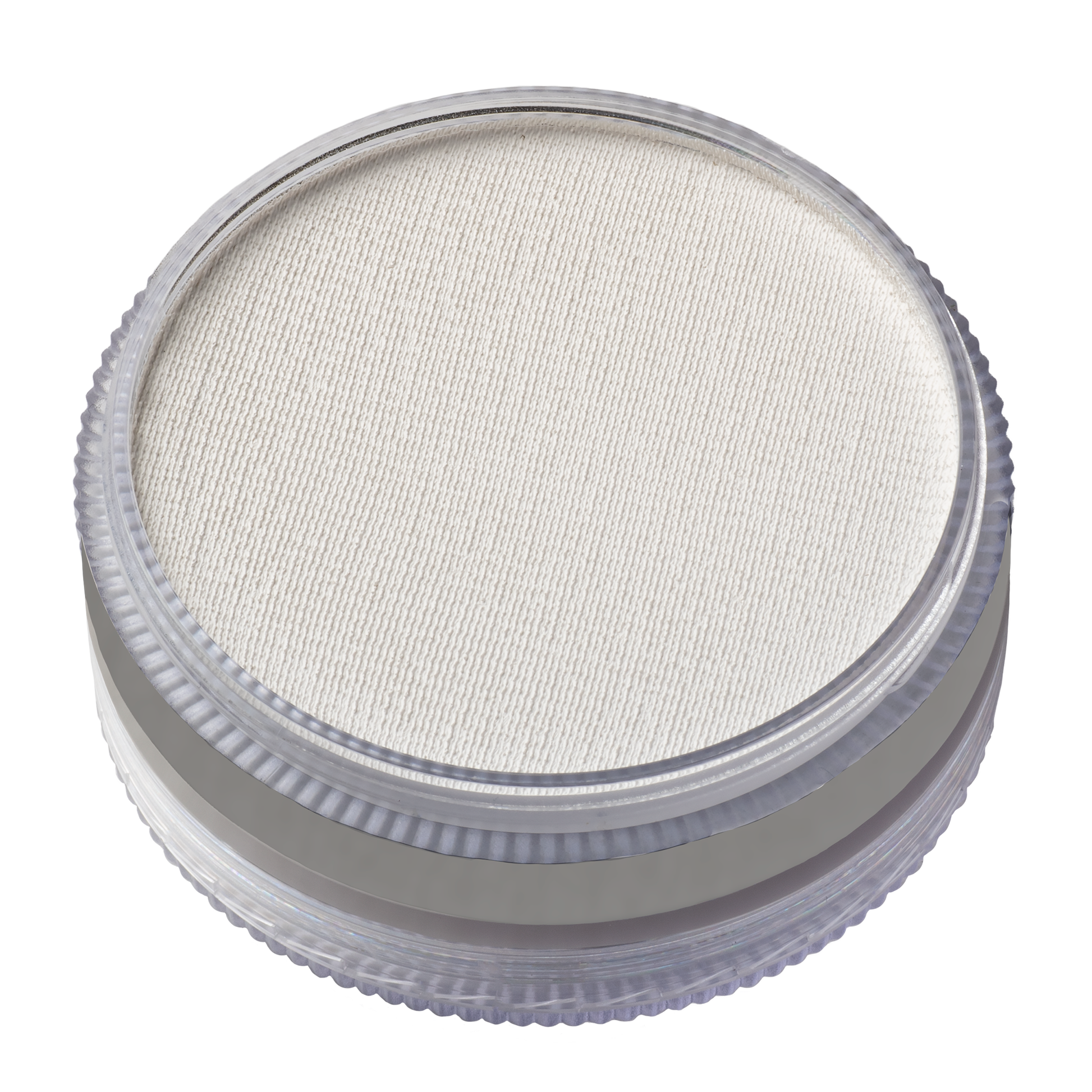 A small, clear plastic container of Infinityfaces Face Paint & Body Paint Aqua Tag - Strong White (90g) with a screw-on lid is viewed from above, revealing the textured surface of the white powder inside.