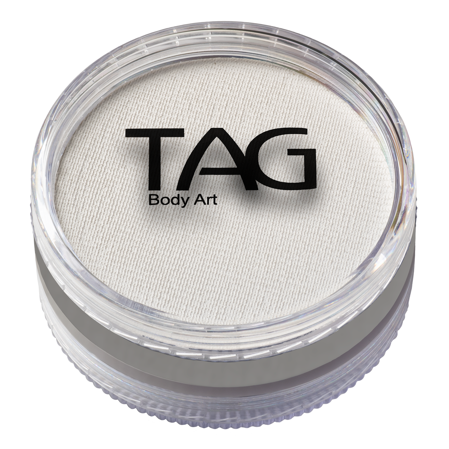 Round container of Infinityfaces Face Paint & Body Paint Aqua Tag - Strong White (90g) with transparent lid, featuring brand logo on light background. Ridged, textured edge ensures grip.